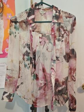 Guess Sheer Floral As Is Button-Down Blouse Flawed